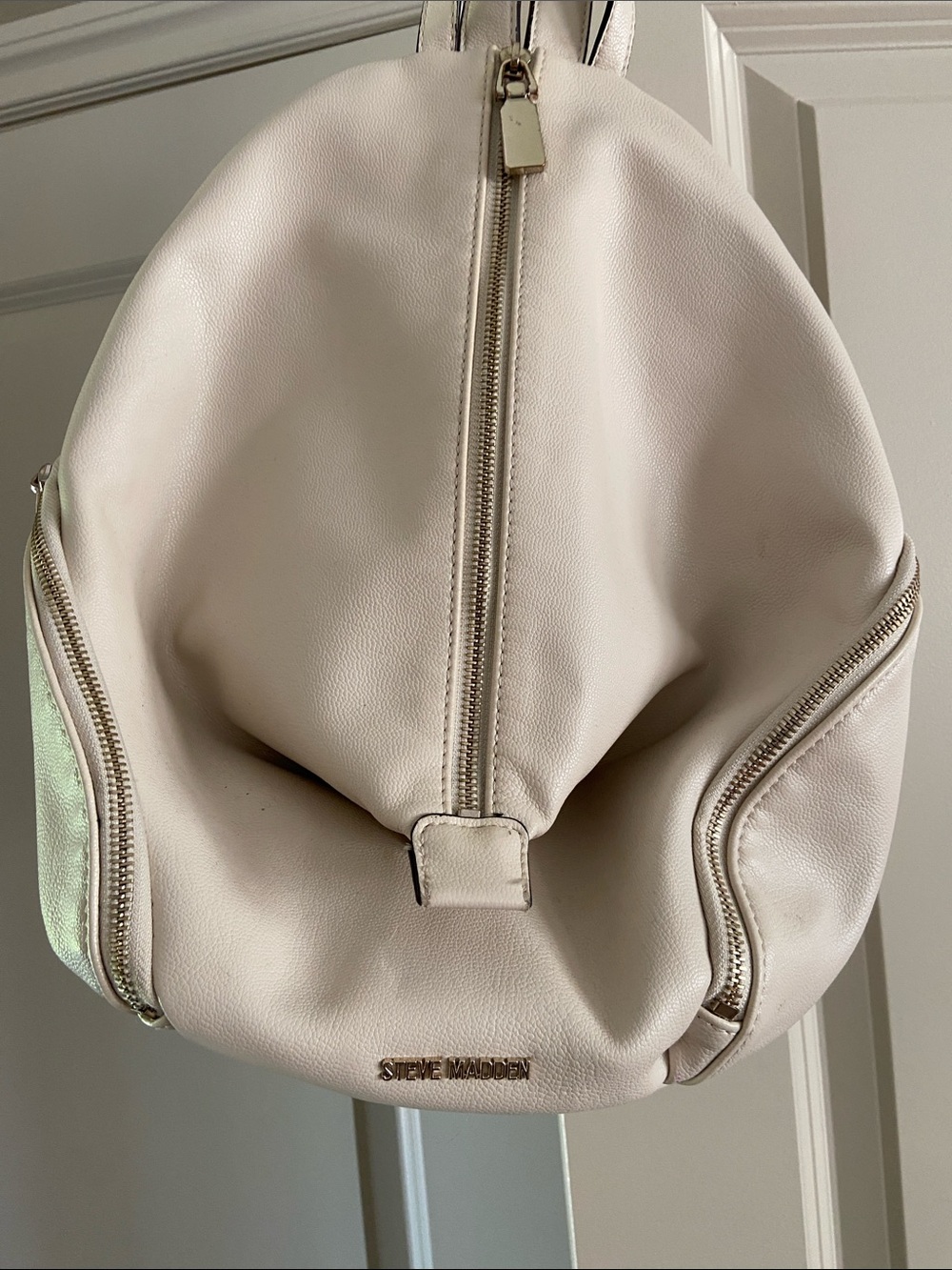 Steve Madden Ivory Leather Backpack with Gold Hardware
